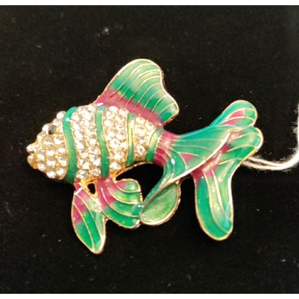 Green & Red Enamel and Rhinestone Fish Brooch 2" Wide X 1.5" Long